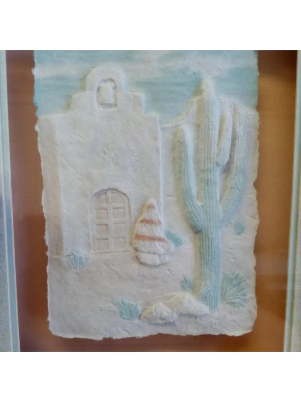 Vintage Southwest Cactus Wall Art Paper Mache Cast Framed Sculpture 1980s Pastel